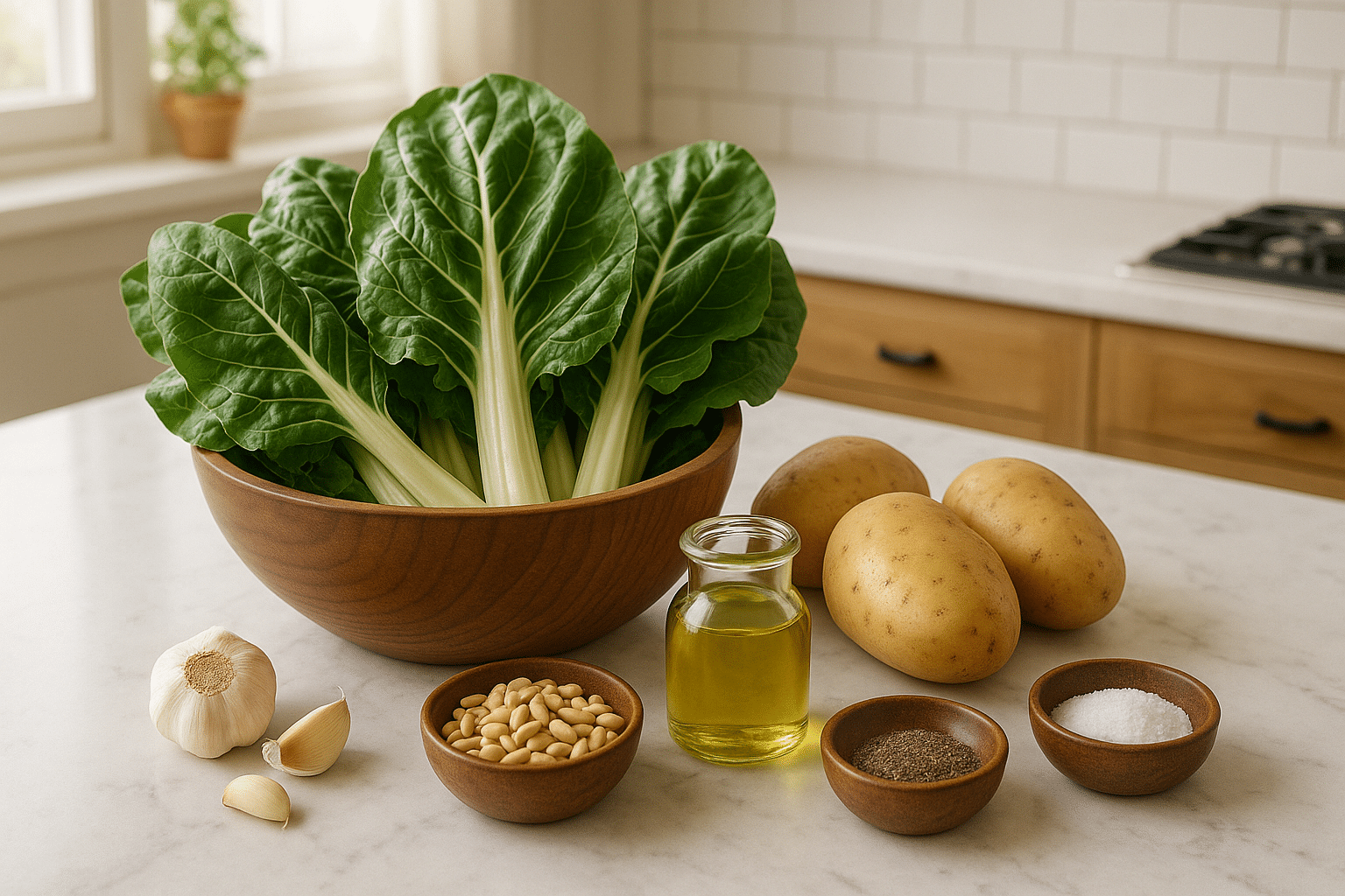 Ingredientes para hacer Acelgas con patatas al aceite de piñones