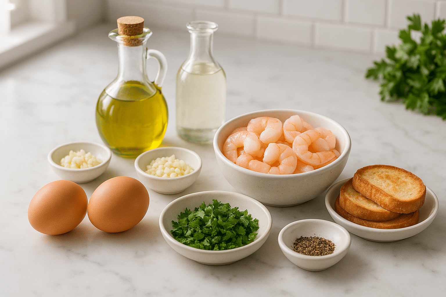 Ingredientes para hacer Huevos Escalfados con Gambas