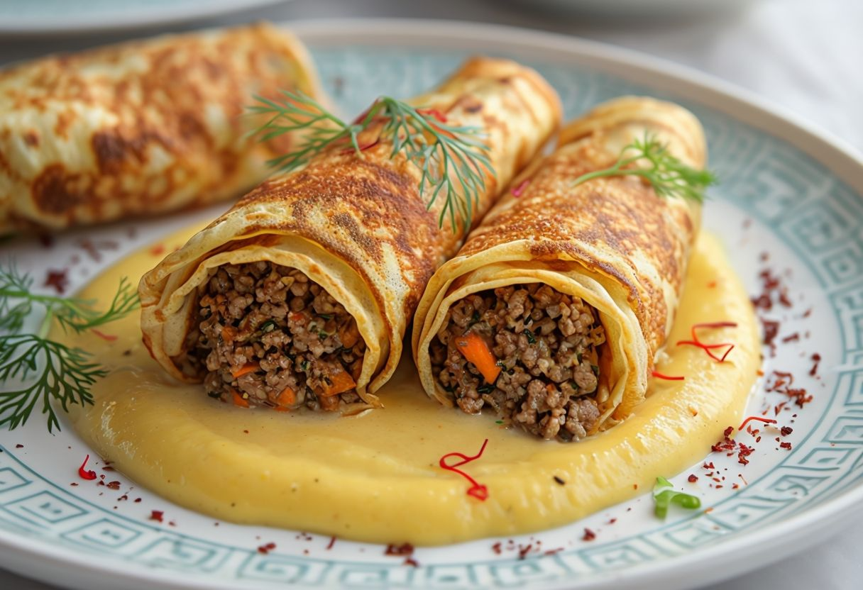 Crepes rellenas de gambas y mejillones al azafrán