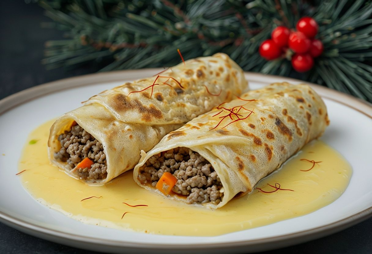 Crepes rellenas de gambas y mejillones al azafrán