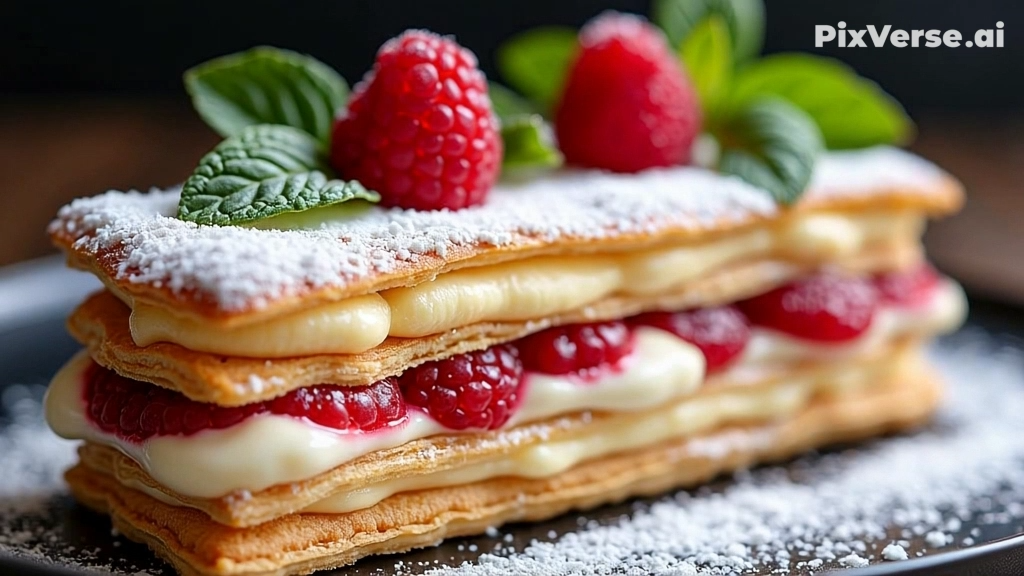 Milhojas rellenas de crema diplomática con frambuesas