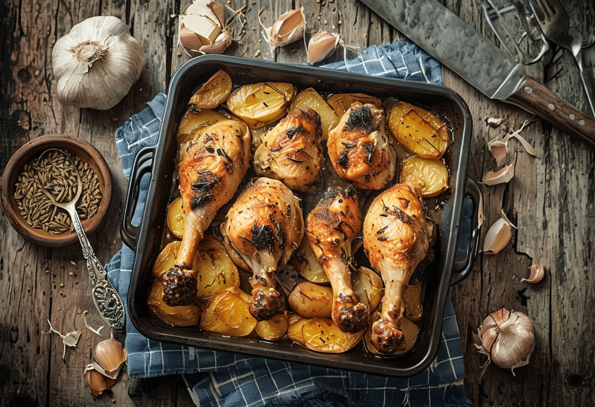 Muslos de Pollo al Horno con Patatas y Hierbas Aromática