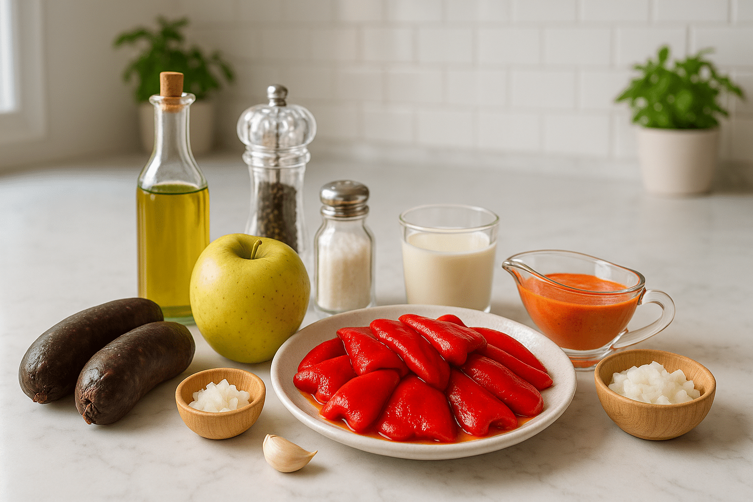 Ingredientes para preparar Pimientos del Piquillo Rellenos de Morcilla y Manzana