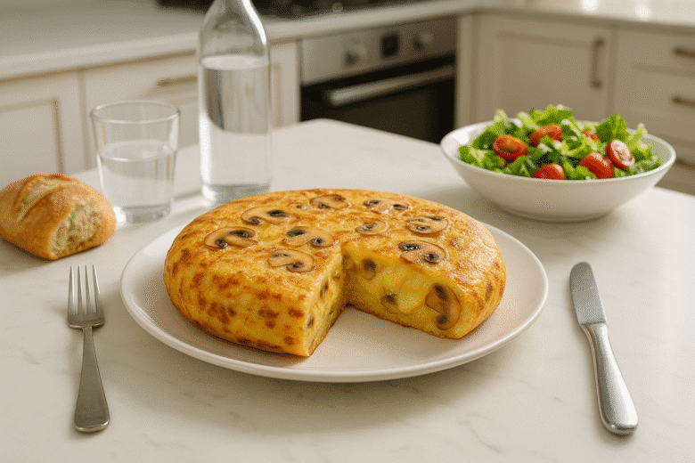 Tortilla de patatas con queso y champiñones
