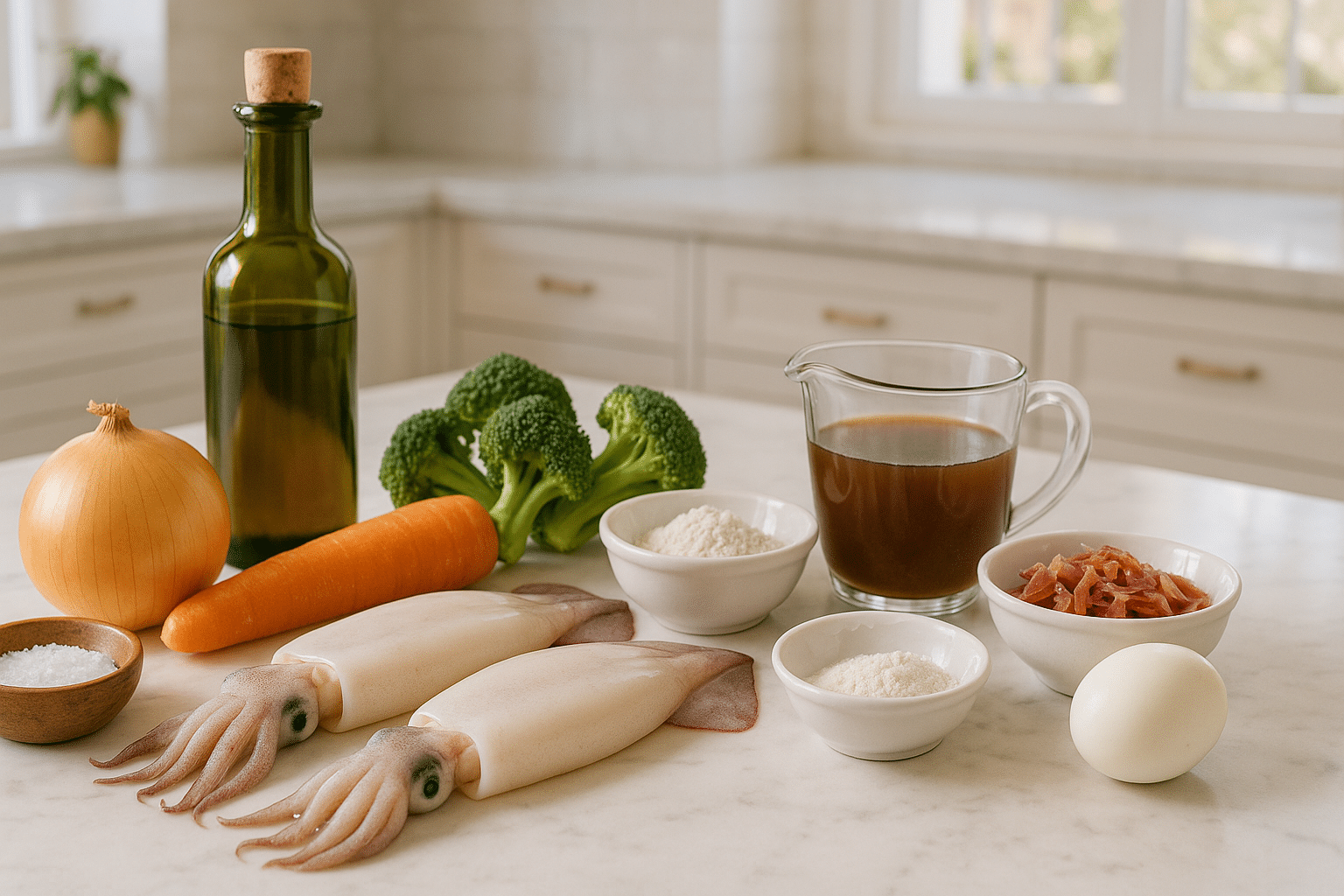 Ingredientes para los calamares rellenos en salsa