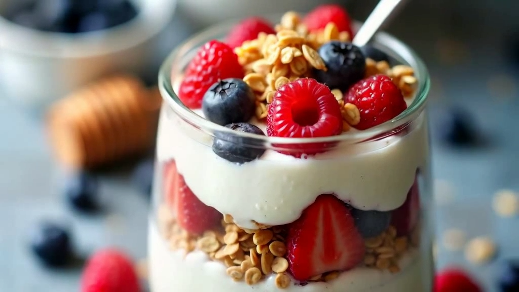 Parfait de yogur con frutas y granola