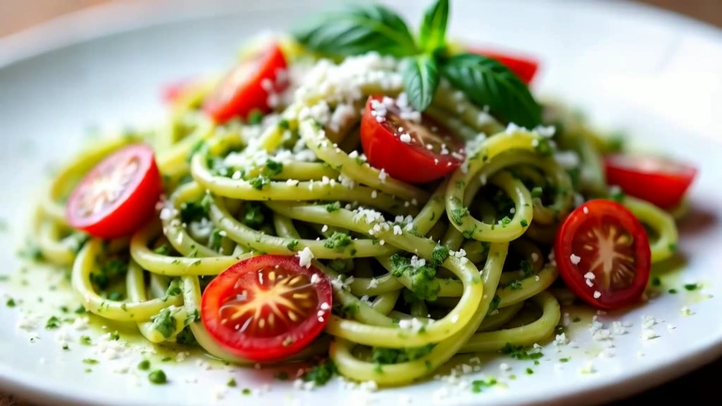 Pasta de arroz con pesto y tomates cherry