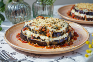 Close Up Slice Of Eggplant Parmesan On Ceramic Plate