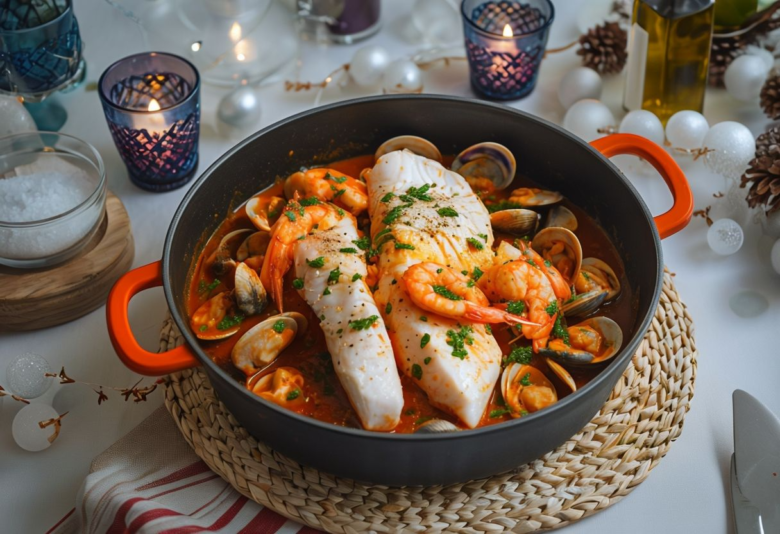 Top Down View Of Seafood Dish In Black Pot