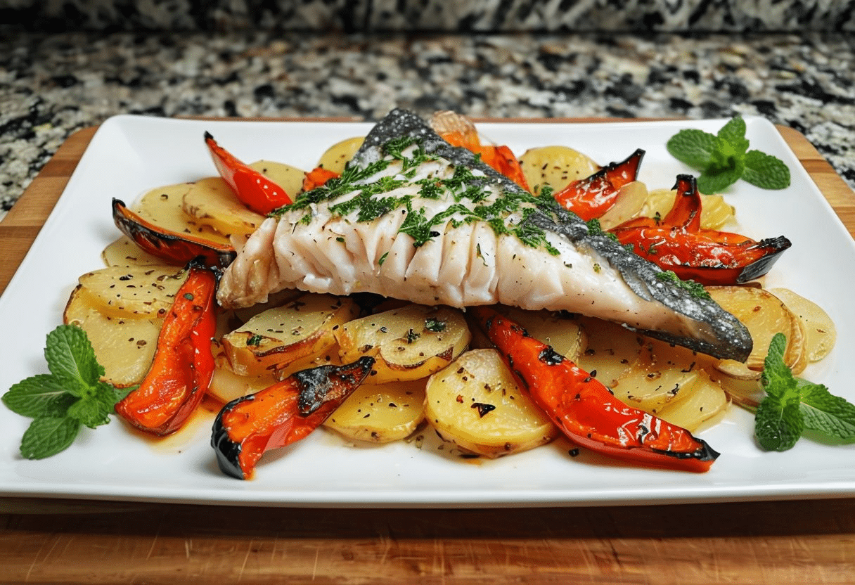 Bacalao con patatas panaderas cebolla y pimientos