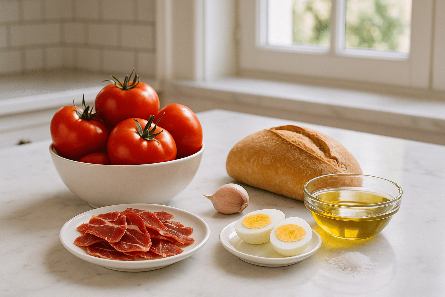 Ingredientes para Salmorejo Cordobés con Lascas de Huevo y Jamón Ibérico