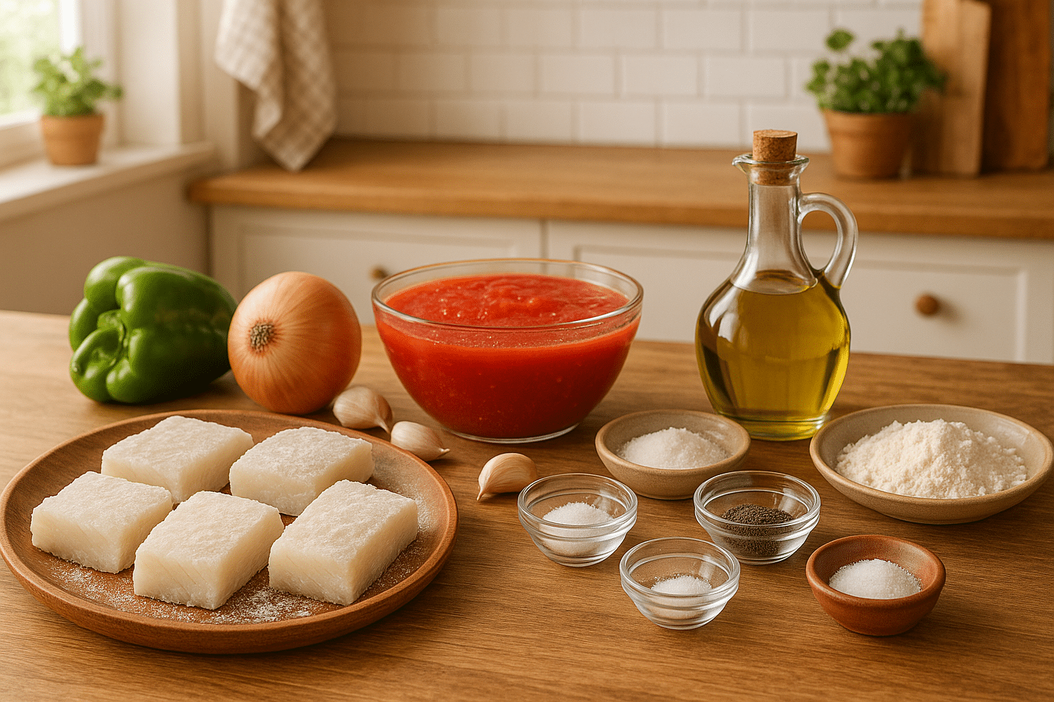 Ingredientes para preparar bacalao con tomate receta andaluza